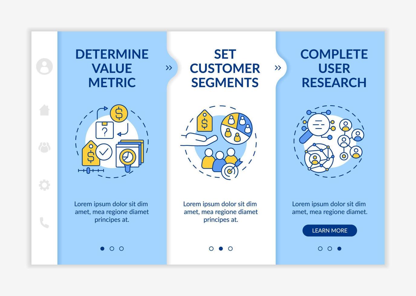 plantilla de incorporación azul y blanca de desarrollo de estrategia de precios. métrica de valor. sitio web móvil receptivo con iconos de concepto lineal. Tutorial de la página web Pantallas de 3 pasos. lato-negrita, fuentes regulares utilizadas vector