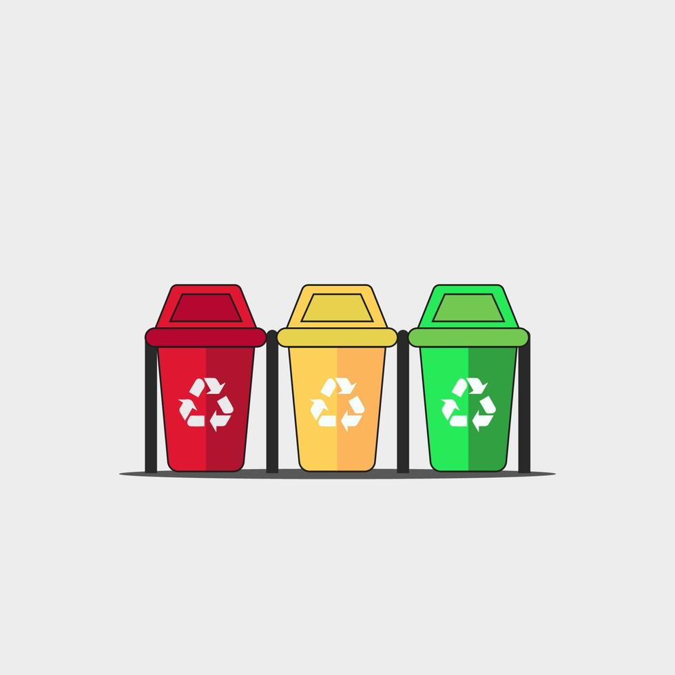 rubbish bin vector character. icon 3 lined trash can, red, green, yellow