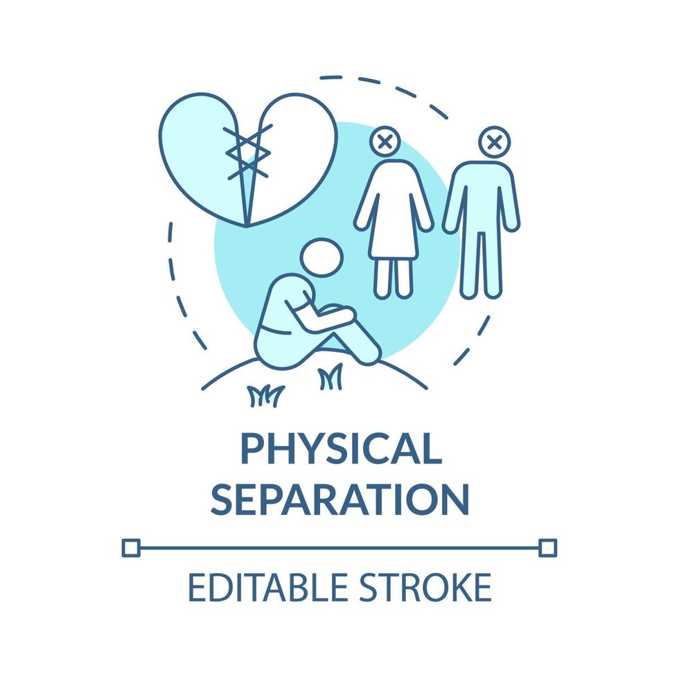 icono de concepto turquesa de separación física. razón de ruptura de relación idea abstracta ilustración de línea delgada. dibujo de contorno aislado. trazo editable. roboto-medium, innumerables fuentes pro-bold utilizadas vector
