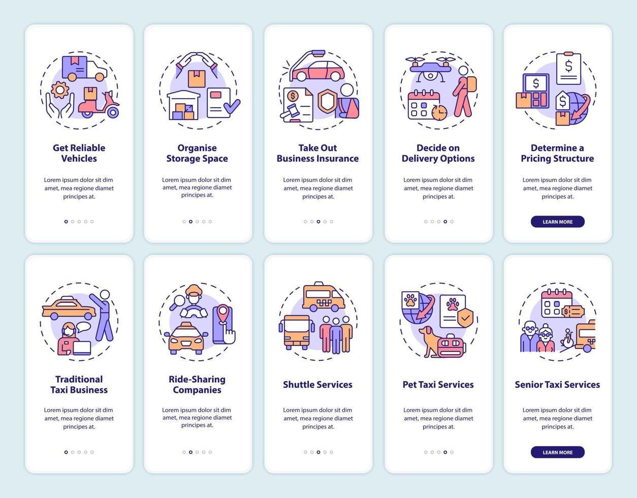 Start delivery business onboarding mobile app screen set. Service walkthrough 5 steps graphic instructions pages with linear concepts. UI, UX, GUI template. Myriad Pro-Bold, Regular fonts used vector