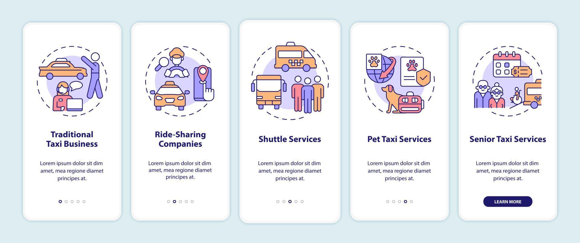 Taxi business types onboarding mobile app screen. Shipment walkthrough 5 steps graphic instructions pages with linear concepts. UI, UX, GUI template. Myriad Pro-Bold, Regular fonts used vector