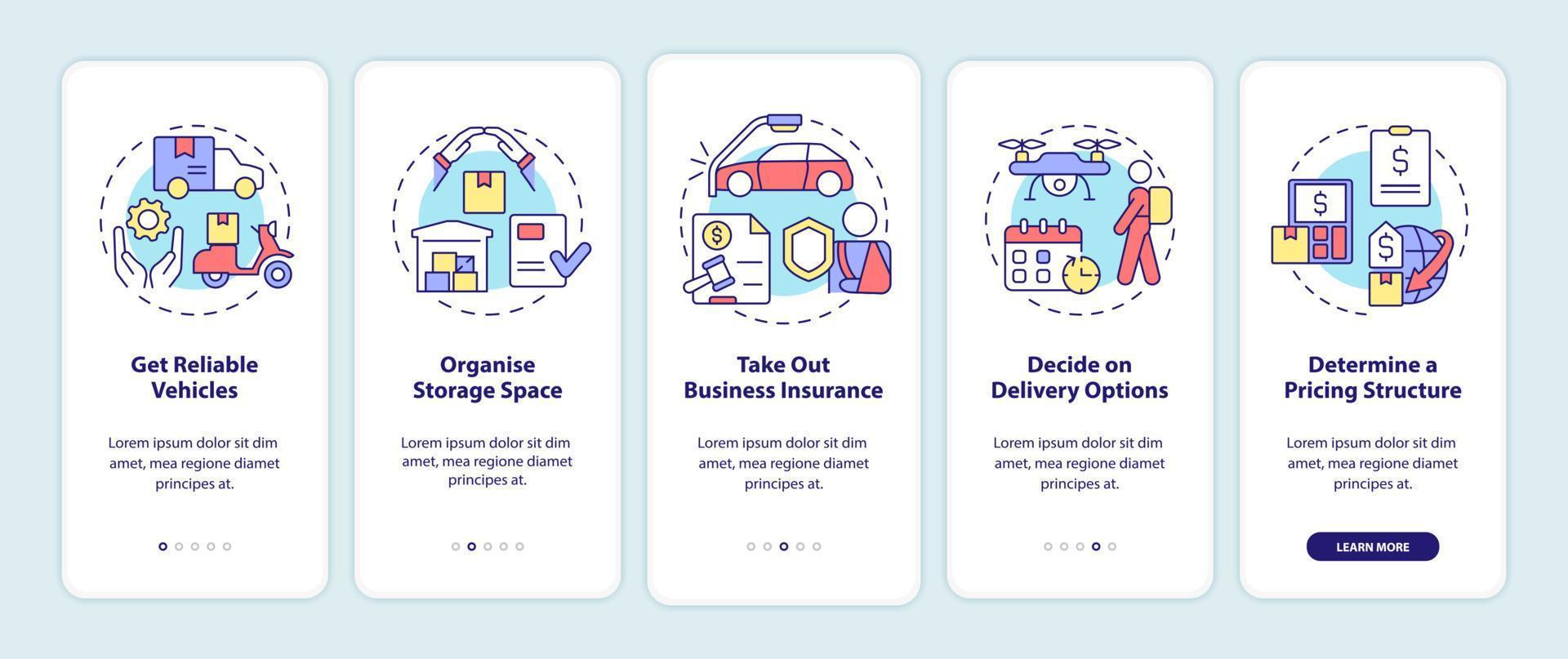 How to start courier business onboarding mobile app screen. Delivery walkthrough 5 steps graphic instructions pages with linear concepts. UI, UX, GUI template. Myriad Pro-Bold, Regular fonts used vector