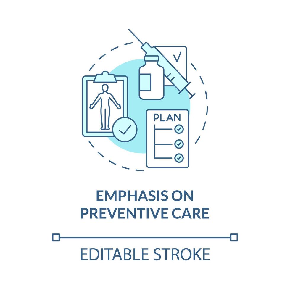 Emphasis on preventive care turquoise concept icon. Genaral insurance program abstract idea thin line illustration. Isolated outline drawing. Editable stroke. Roboto-Medium, Myriad Pro-Bold fonts used vector