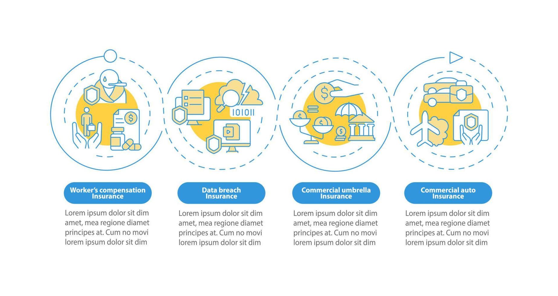 Insurance types blue circle infographic template. Corporate assurance. Data visualization with 4 step. Process timeline info chart. Workflow layout with line icons. Myriad Pro-Bold, Regular fonts used vector