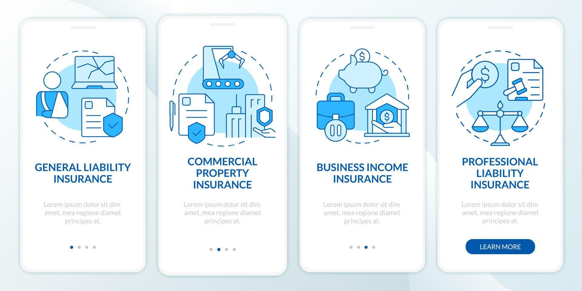 Insurance types blue onboarding mobile app screen. Policy walkthrough 4 steps graphic instructions pages with linear concepts. UI, UX, GUI template. Myriad Pro-Bold, Regular fonts used vector