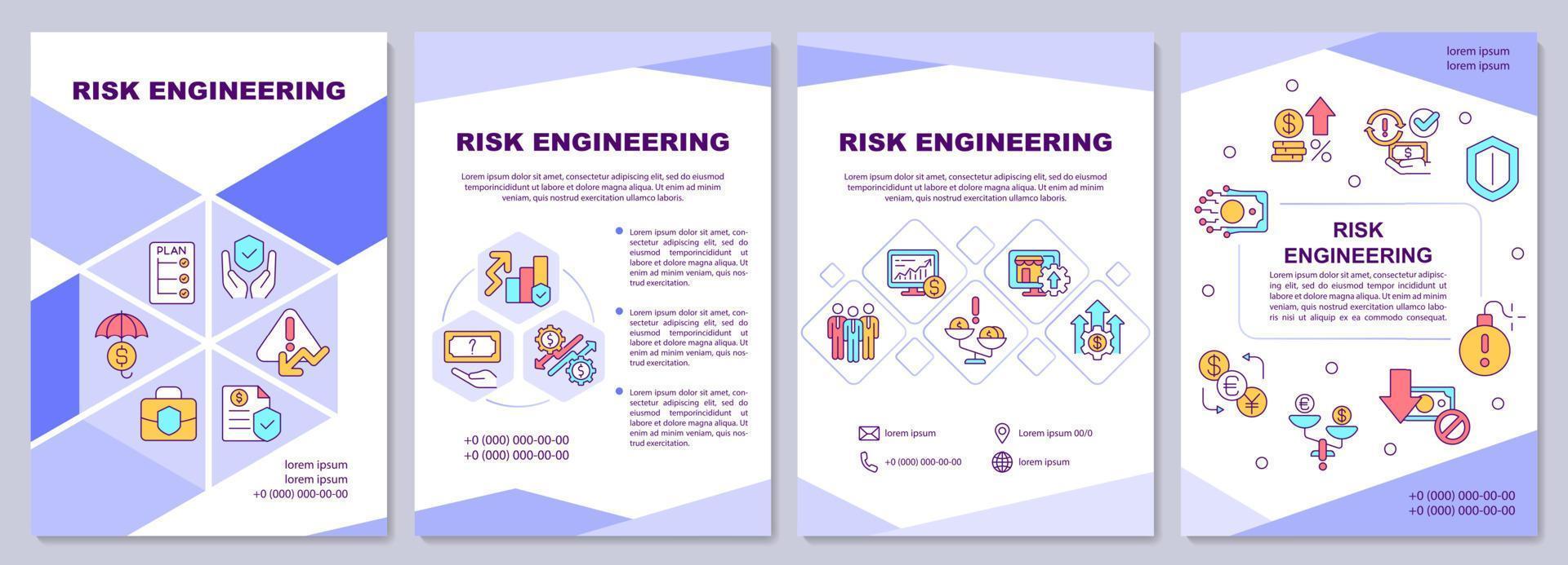 Risk engineering brochure template. Safety and protection. Booklet print design with linear icons. Vector layouts for presentation, annual reports, ads. Arial-Black, Myriad Pro-Regular fonts used