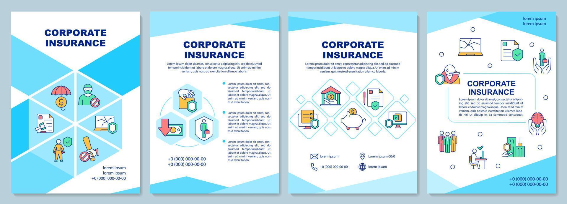 plantilla de folleto de seguros corporativos. cobertura financiera. diseño de impresión de folletos con iconos lineales. diseños vectoriales para presentación, informes anuales, anuncios. arial-black, innumerables fuentes pro-regulares utilizadas vector