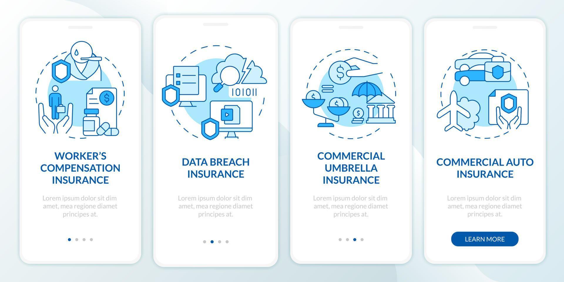 Coverage types blue onboarding mobile app screen. Assurance walkthrough 4 steps graphic instructions pages with linear concepts. UI, UX, GUI template. Myriad Pro-Bold, Regular fonts used vector