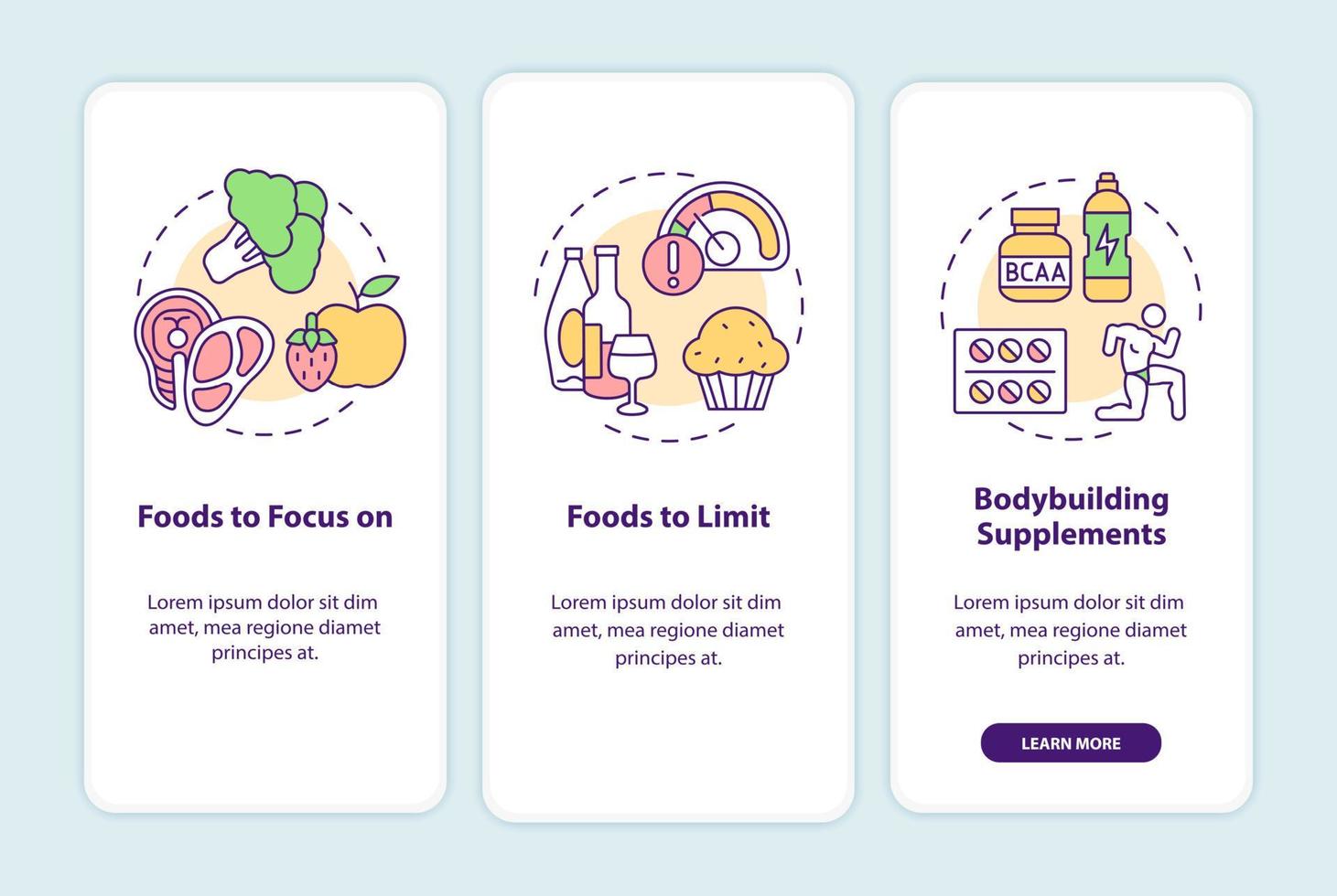 Bodybuilding nutrition onboarding mobile app screen. Fitness walkthrough 3 steps graphic instructions pages with linear concepts. UI, UX, GUI template. Myriad Pro-Bold, Regular fonts used vector