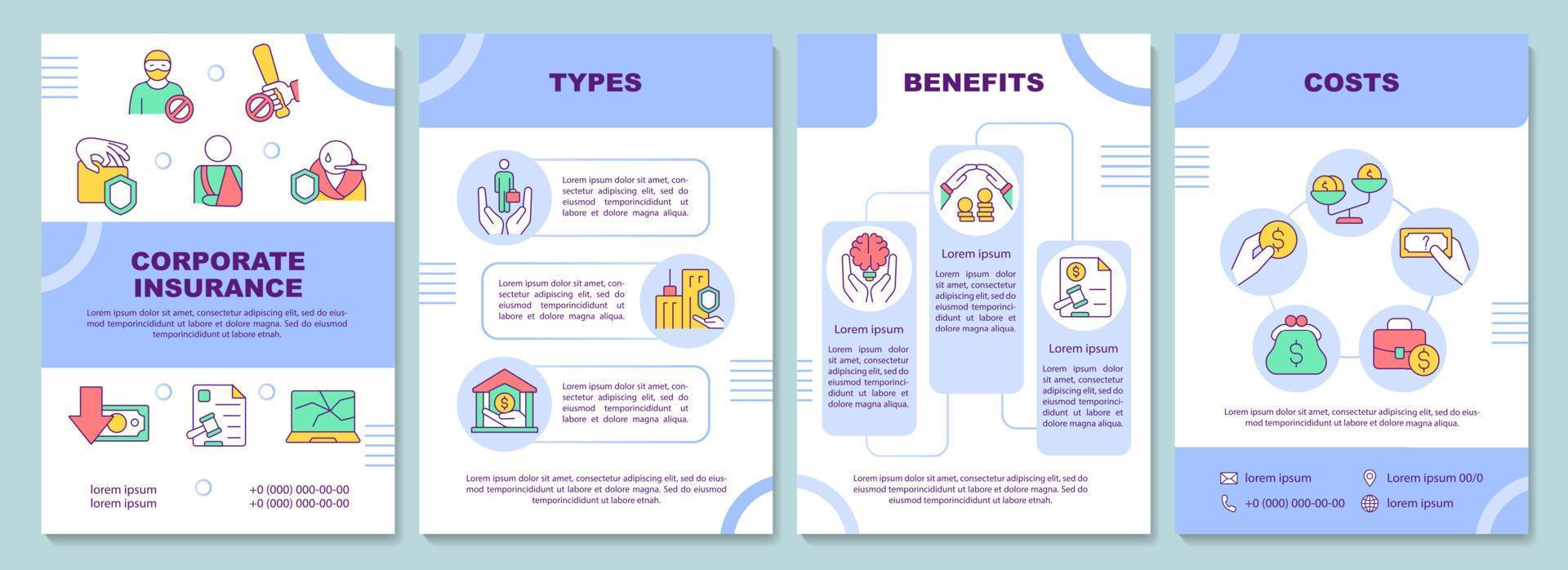 plantilla de folleto de seguros corporativos. costos y beneficios. diseño de impresión de folletos con iconos lineales. diseños vectoriales para presentación, informes anuales, anuncios. arial-black, innumerables fuentes pro-regulares utilizadas vector