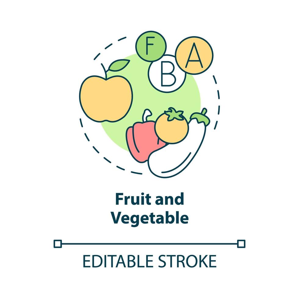 icono del concepto de frutas y verduras. productos dietéticos orgánicos. fitness nutrición idea abstracta ilustración de línea delgada. dibujo de contorno aislado. trazo editable. roboto-medium, innumerables fuentes pro-bold utilizadas vector