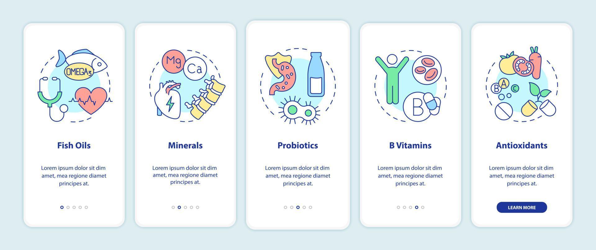 suplementos dietéticos que incorporan la pantalla de la aplicación móvil. tutorial de nutrición 5 pasos páginas de instrucciones gráficas con conceptos lineales. interfaz de usuario, ux, plantilla de interfaz gráfica de usuario. innumerables fuentes pro-negrita y regulares utilizadas vector