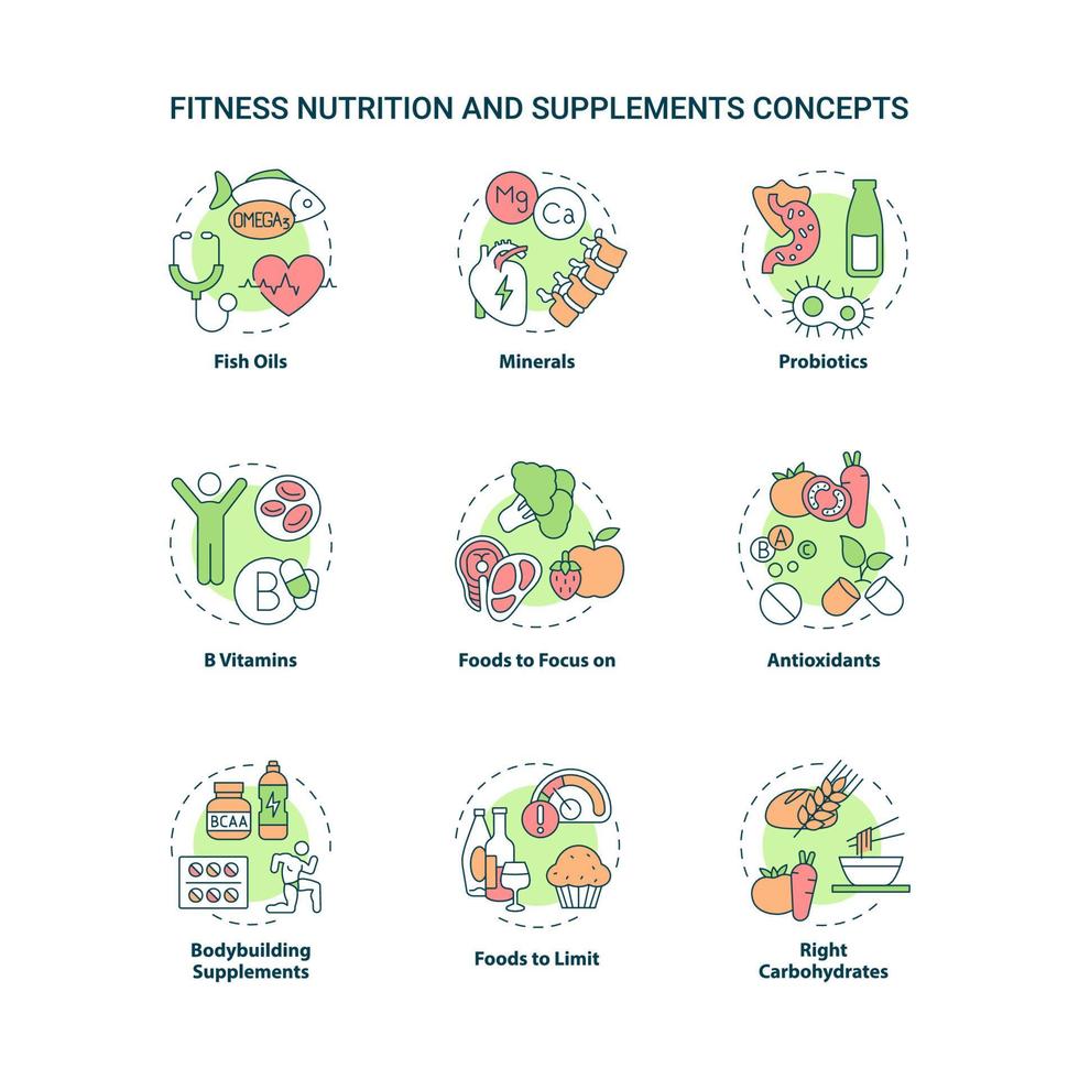 Fitness nutrition and supplements concept icons set. Products for sportive life idea thin line color illustrations. Isolated outline drawings. Roboto-Medium, Myriad Pro-Bold fonts used vector