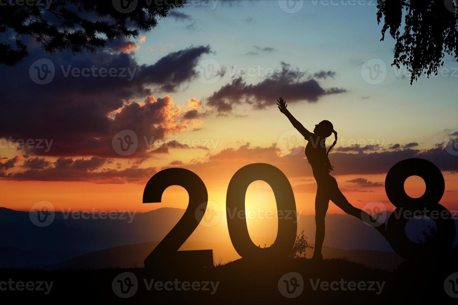 Silhouette young woman jumping to 2018 new year photo