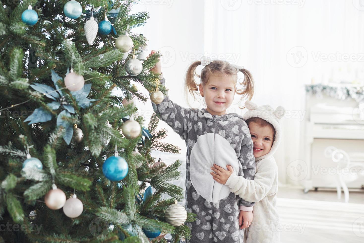 Merry Christmas and Happy Holidays. Young girls helping decorating the Christmas tree, holding some Christmas baubles in her hand photo