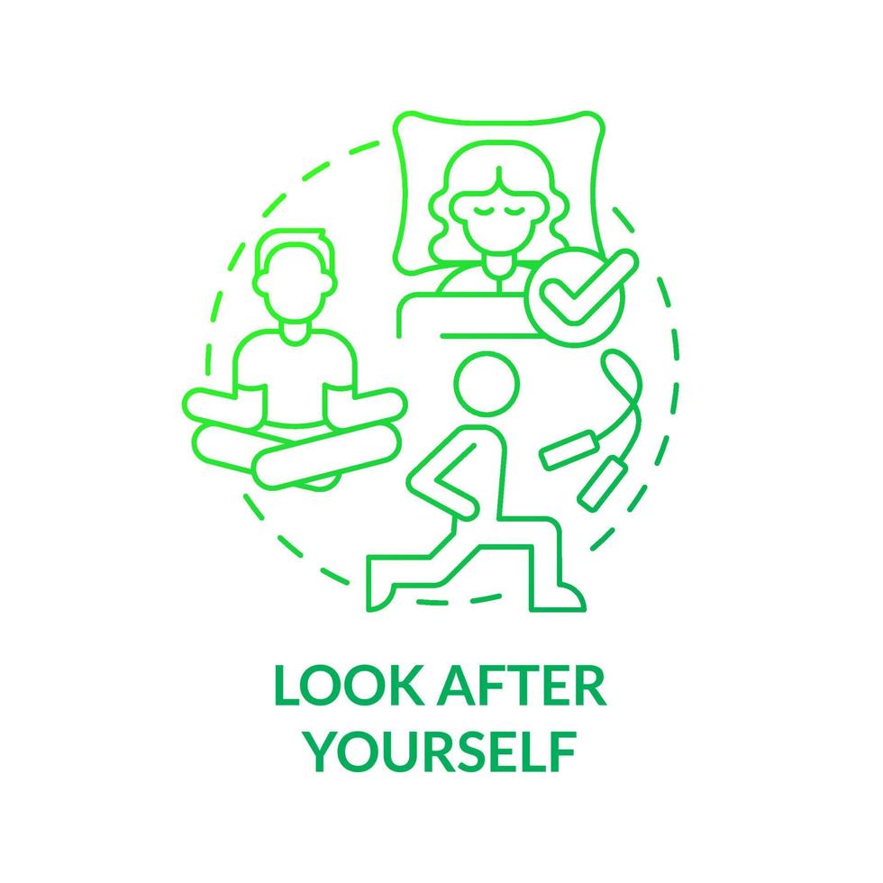 Look after yourself green gradient concept icon. Well balanced and active lifestyle abstract idea thin line illustration. Isolated outline drawing. Roboto-Medium, Myriad Pro-Bold fonts used vector