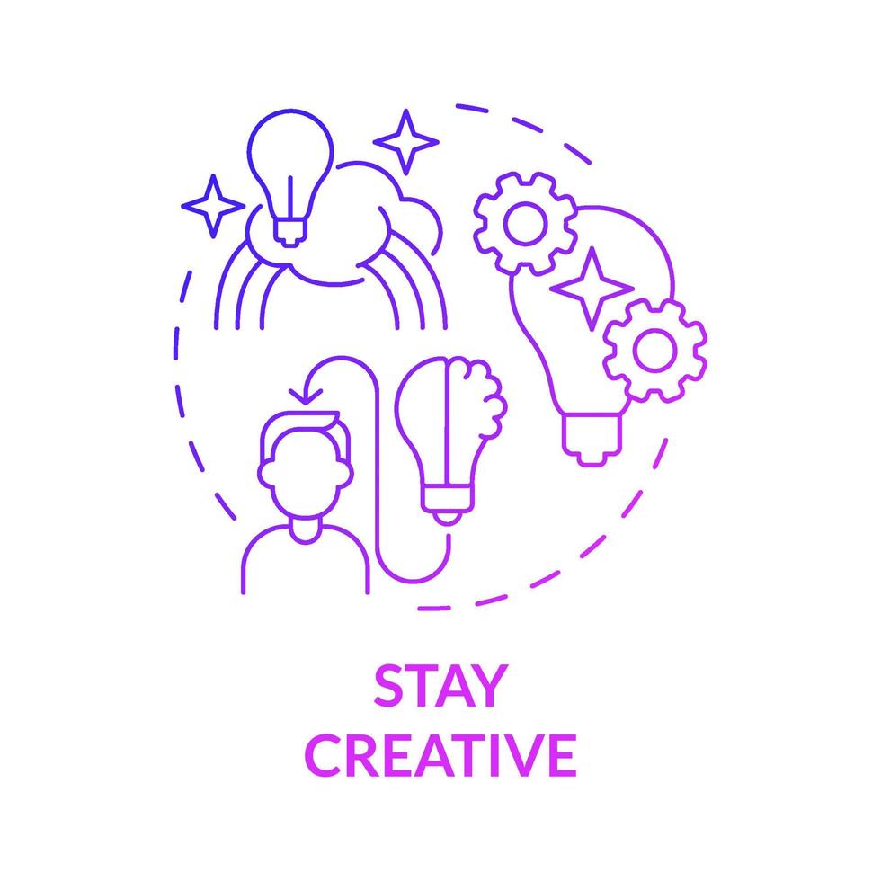 Stay creative purple gradient concept icon. Use fantasy to change world. Balanced lifestyle abstract idea thin line illustration. Isolated outline drawing. Roboto-Medium, Myriad Pro-Bold fonts used vector