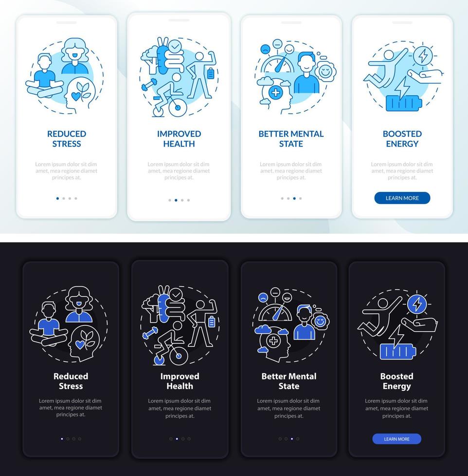 Life balance profit night and day mode onboarding mobile app screen. Tips walkthrough 4 steps graphic instructions pages with linear concepts. UI, UX, GUI template. Myriad Pro-Bold, Regular fonts used vector