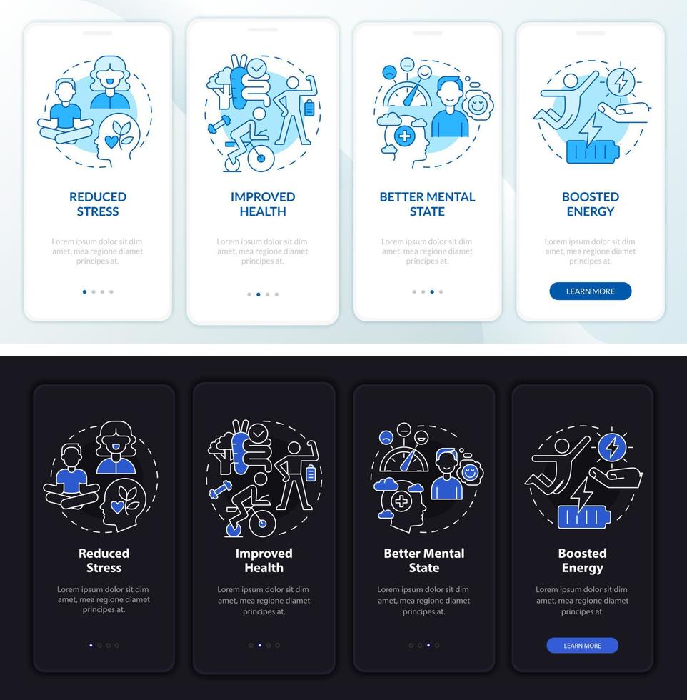 Pantalla de aplicación móvil de incorporación de modo día y noche de beneficio de balance de vida. tutorial de consejos páginas de instrucciones gráficas de 4 pasos con conceptos lineales. interfaz de usuario, ux, plantilla de interfaz gráfica de usuario. innumerables fuentes pro-negrita y regulares utilizadas vector