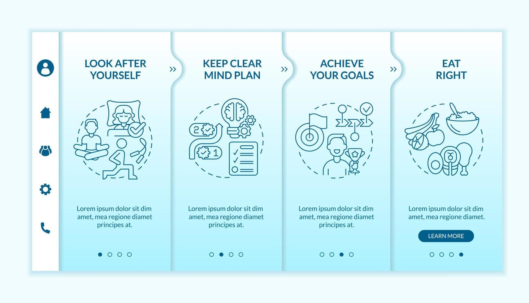 Well balanced life tips turquoise gradient onboarding template. Selfcare style. Responsive mobile website with linear concept icons. Web page walkthrough 4 step screens. Lato-Bold, Regular fonts used vector