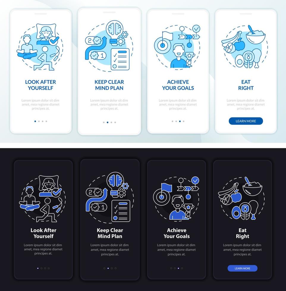 Balanced life night and day mode onboarding mobile app screen. Health walkthrough 4 steps graphic instructions pages with linear concepts. UI, UX, GUI template. Myriad Pro-Bold, Regular fonts used vector