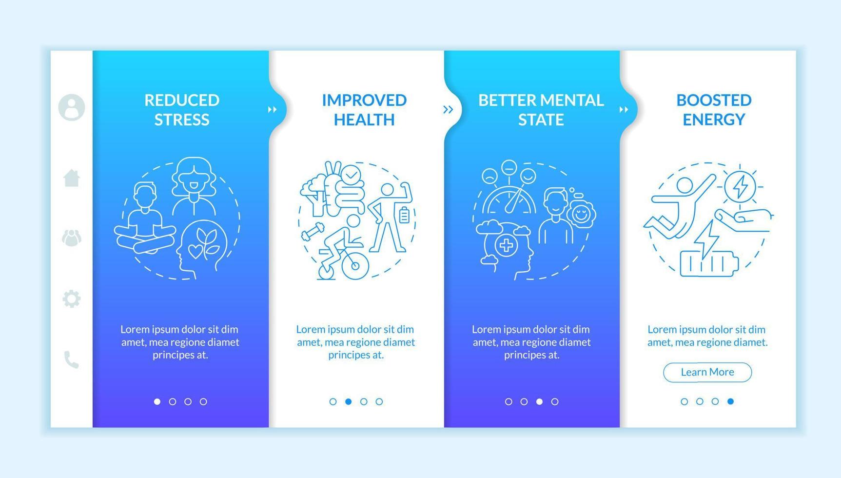 Benefits of life balance blue gradient onboarding template. Wellbeing tips. Responsive mobile website with linear concept icons. Web page walkthrough 4 step screens. Lato-Bold, Regular fonts used vector