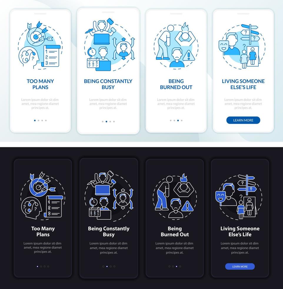 Out of balance life night and day mode onboarding mobile app screen. Tips walkthrough 4 steps graphic instructions pages with linear concepts. UI, UX, GUI template. Myriad Pro-Bold, Regular fonts used vector
