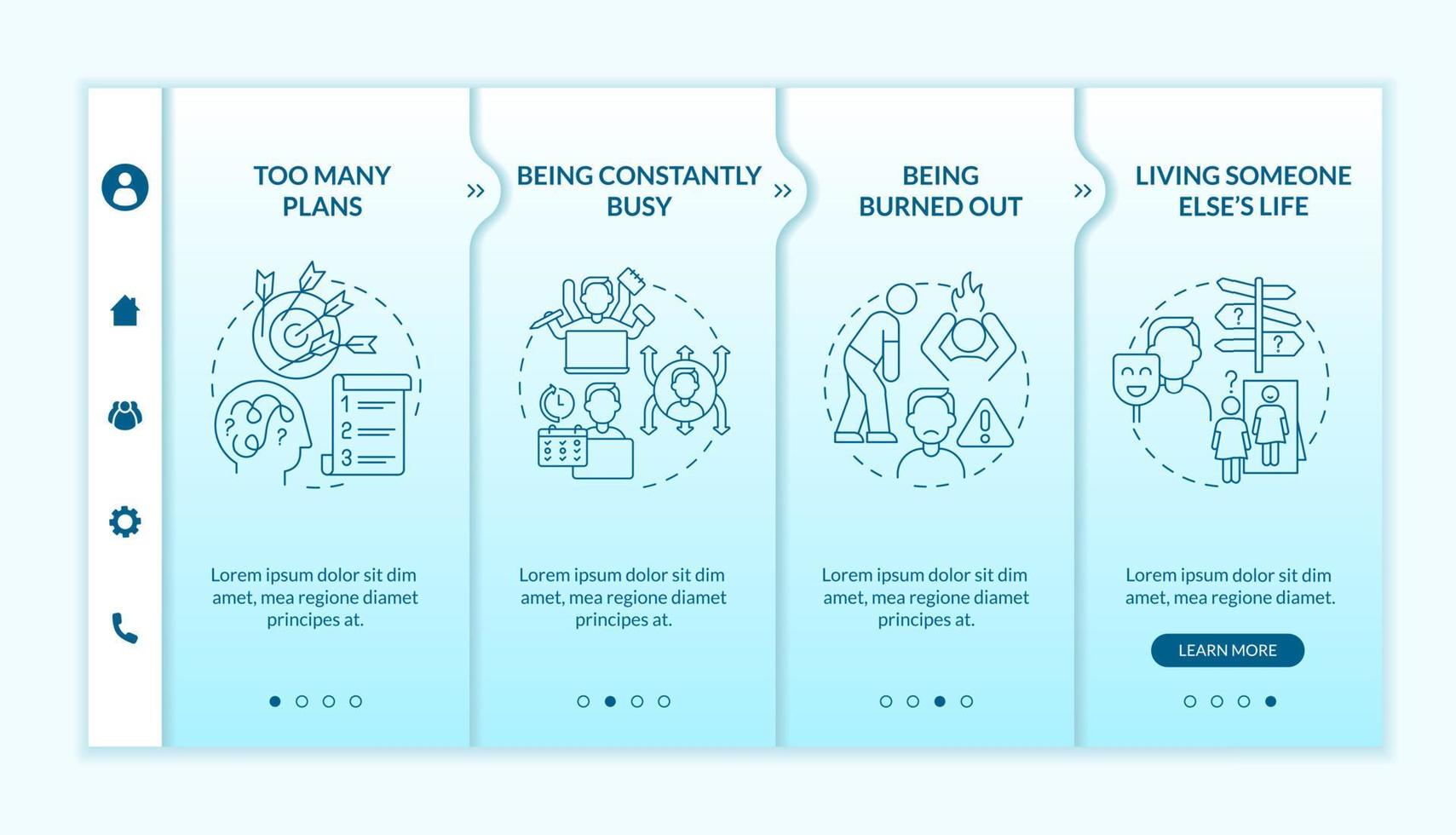 Out of balance life turquoise gradient onboarding template. Problem causes. Responsive mobile website with linear concept icons. Web page walkthrough 4 step screens. Lato-Bold, Regular fonts used vector