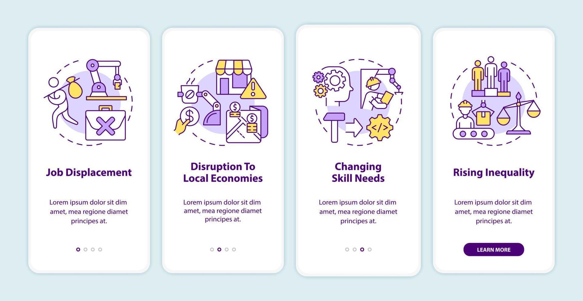 Negative automation impact on society onboarding mobile app screen. Walkthrough 4 steps graphic instructions pages with linear concepts. UI, UX, GUI template. Myriad Pro-Bold, Regular fonts used vector