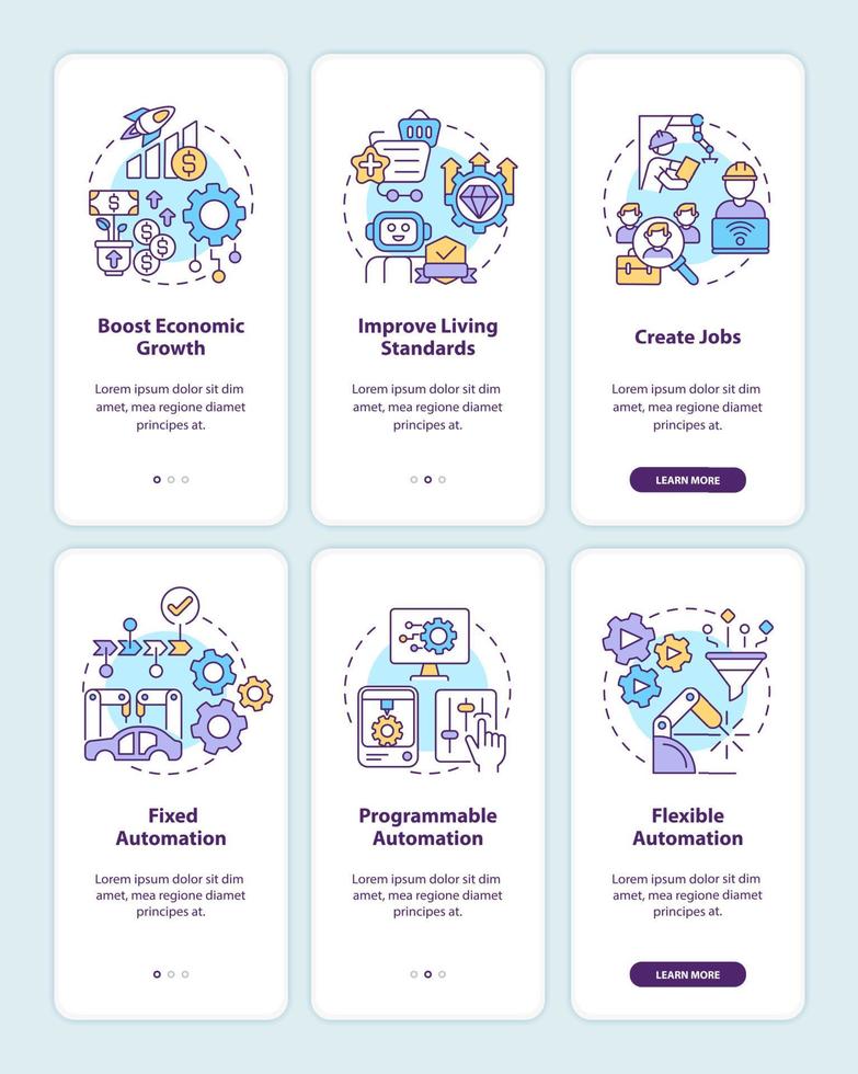 Automation systems onboarding mobile app screen set. Hightech walkthrough 3 steps graphic instructions pages with linear concepts. UI, UX, GUI template. Myriad Pro-Bold, Regular fonts used vector