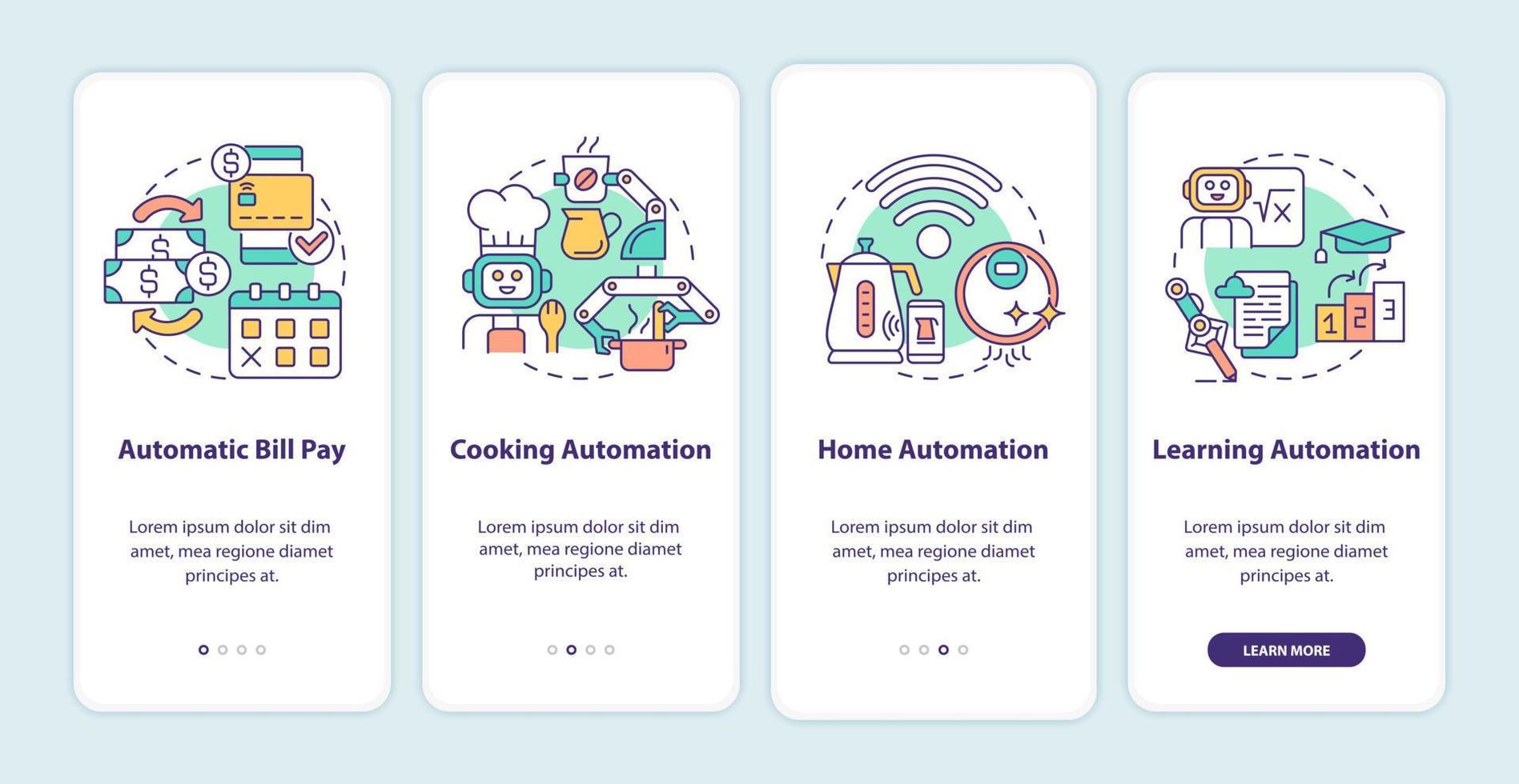 Everyday life automation onboarding mobile app screen. Automatic system walkthrough 4 steps graphic instructions pages with linear concepts. UI, UX, GUI template. Myriad Pro-Bold, Regular fonts used vector