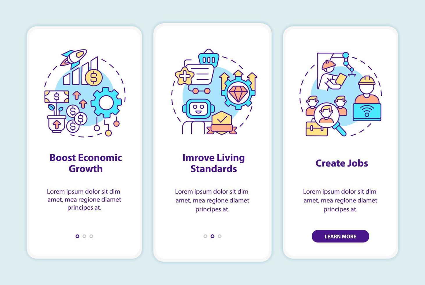 impacto positivo de la automatización en la sociedad al incorporar la pantalla de la aplicación móvil. tutorial 3 pasos páginas de instrucciones gráficas con conceptos lineales. interfaz de usuario, ux, plantilla de interfaz gráfica de usuario. innumerables fuentes pro-negrita y regulares utilizadas vector