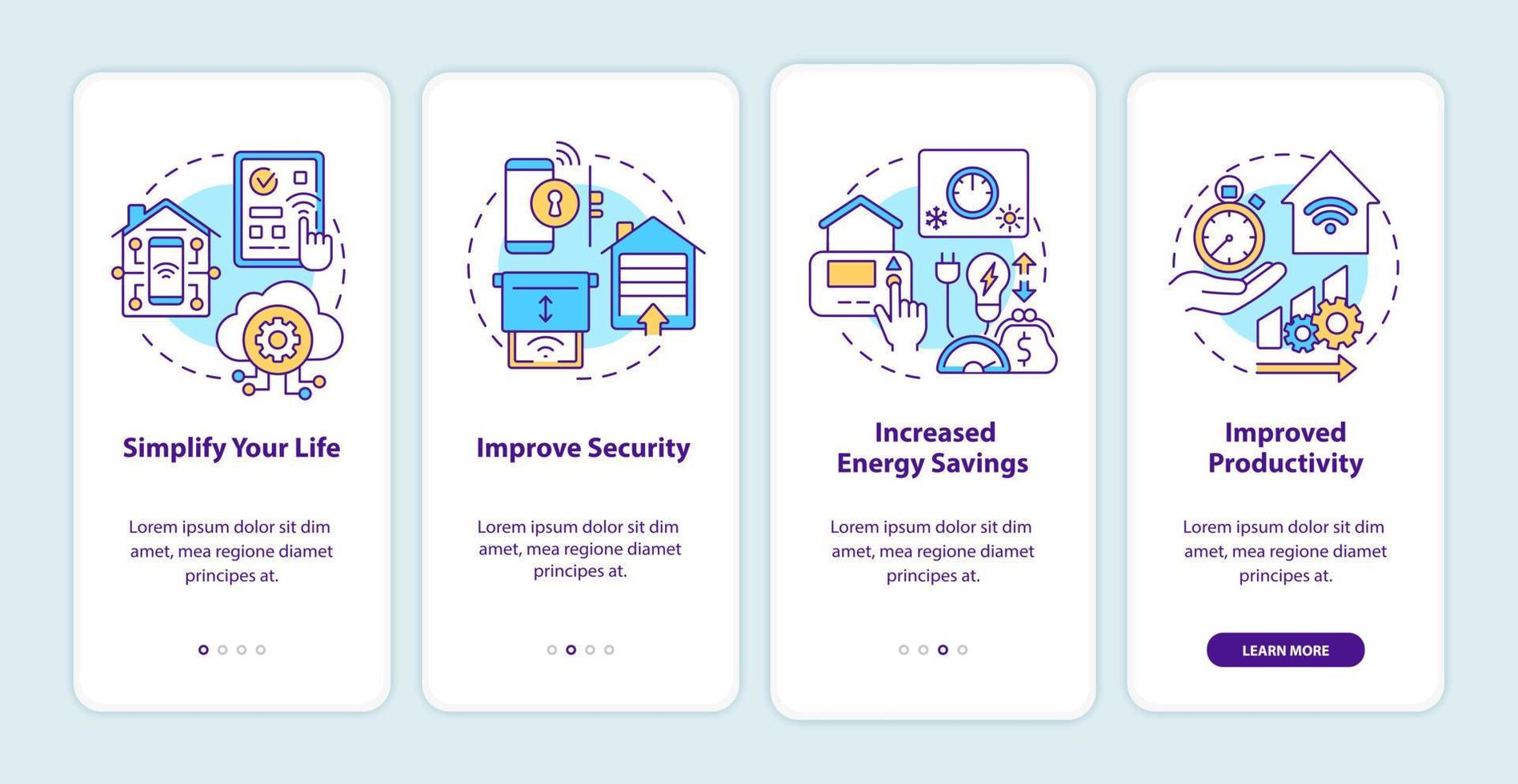 Reasons for home automation onboarding mobile app screen. Walkthrough 4 steps graphic instructions pages with linear concepts. UI, UX, GUI template. Myriad Pro-Bold, Regular fonts used vector