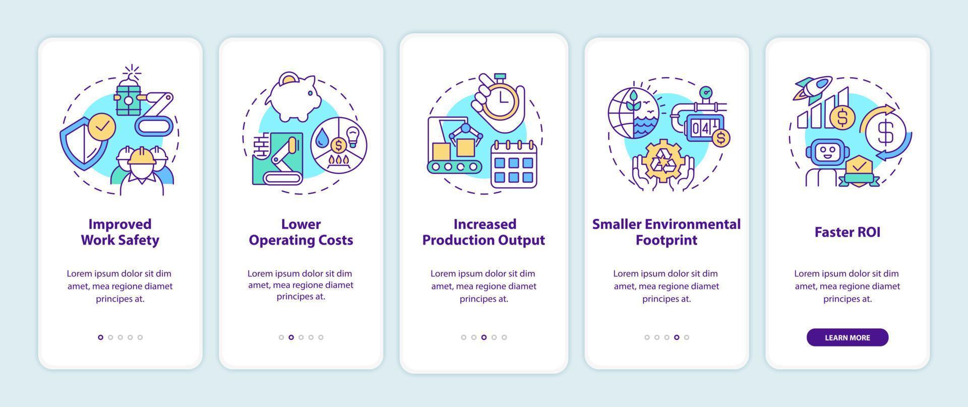 Benefits of automation onboarding mobile app screen. Production walkthrough 5 steps graphic instructions pages with linear concepts. UI, UX, GUI template. Myriad Pro-Bold, Regular fonts used vector