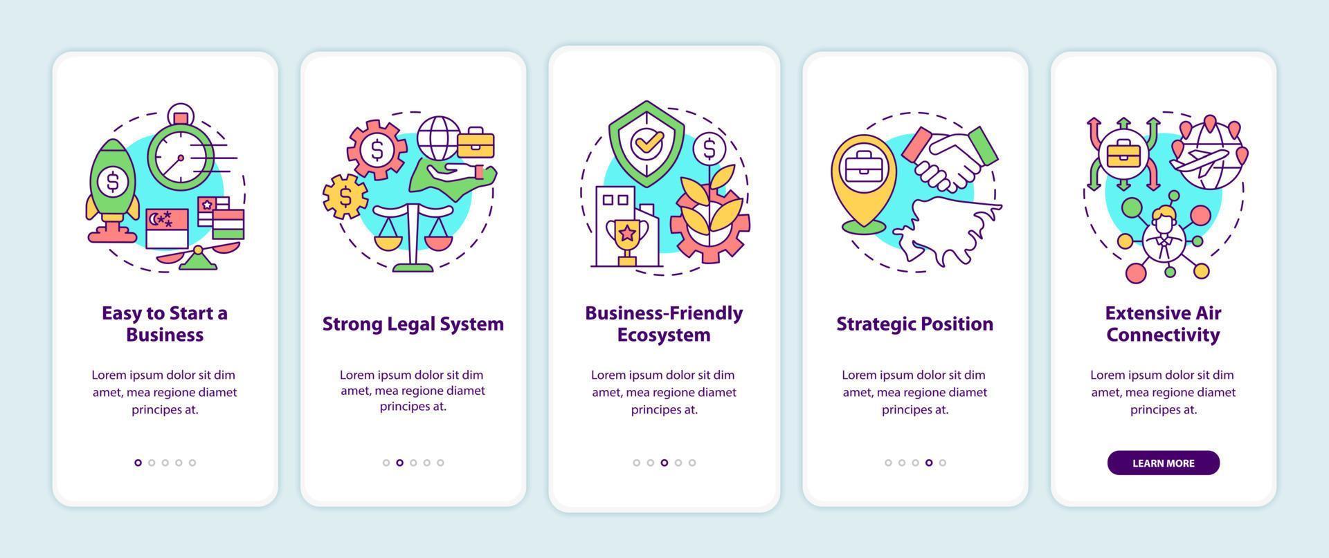 Reasons to start business in Singapore onboarding mobile app screen. Walkthrough 5 steps graphic instructions pages with linear concepts. UI, UX, GUI template. Myriad Pro-Bold, Regular fonts used vector