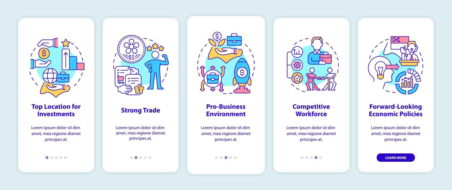Business in Singapore onboarding mobile app screen. Strong trade walkthrough 5 steps graphic instructions pages with linear concepts. UI, UX, GUI template. Myriad Pro-Bold, Regular fonts used vector