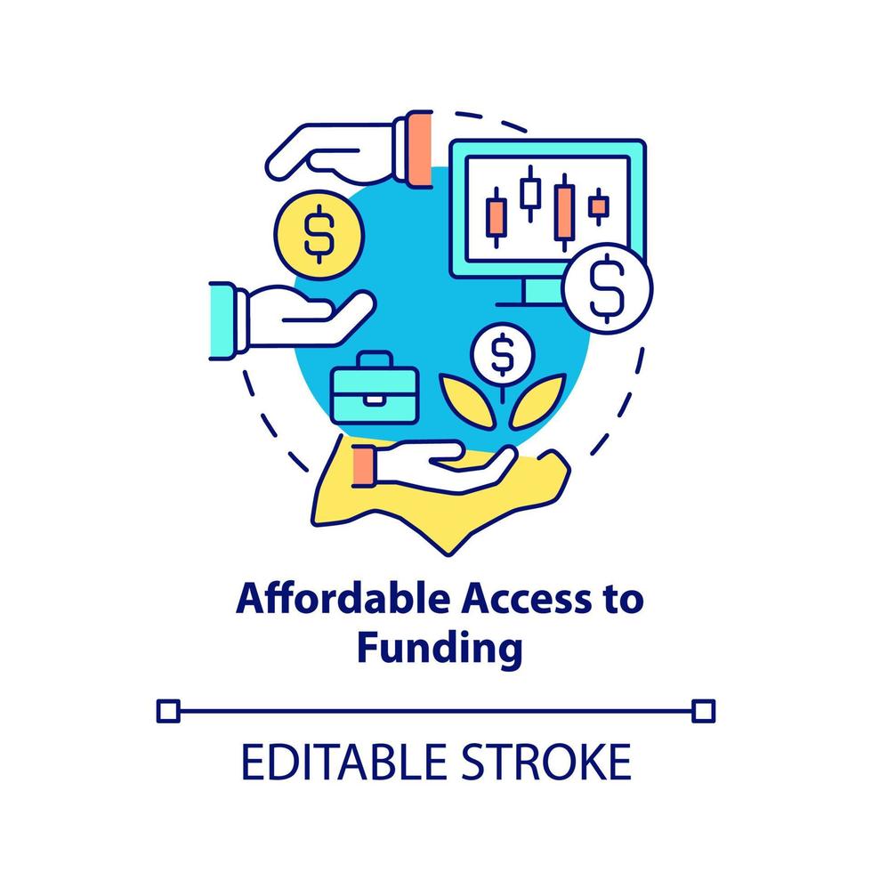 Affordable access to funding concept icon. Accessible financing abstract idea thin line illustration. Bank loans. Isolated outline drawing. Editable stroke. Roboto-Medium, Myriad Pro-Bold fonts used vector
