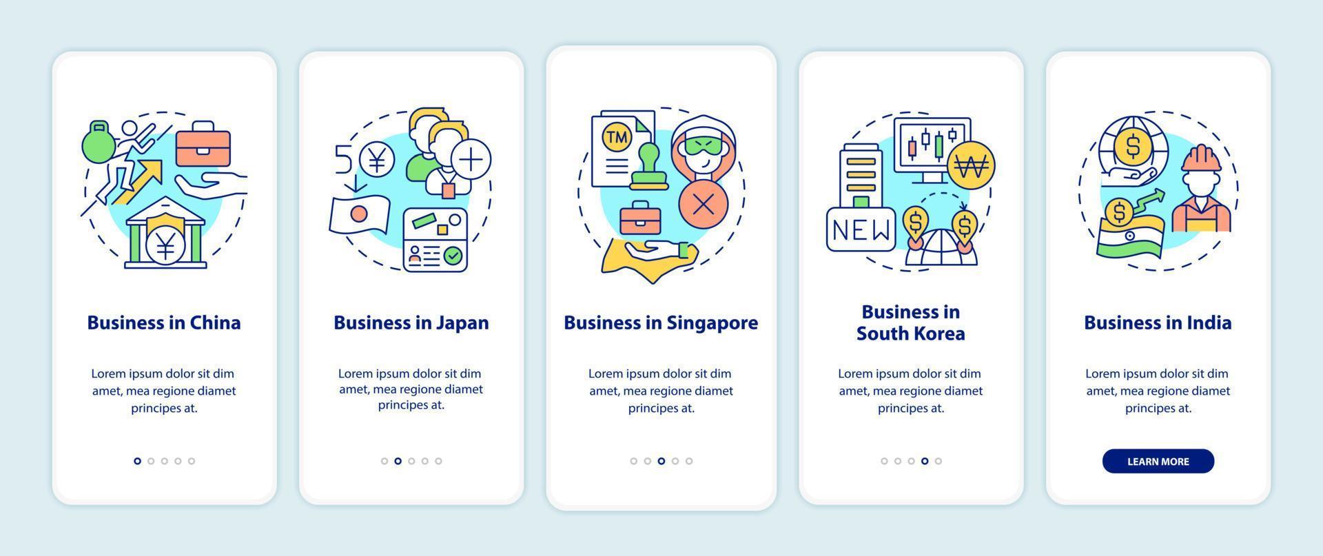 mejores países para iniciar negocios en la pantalla de la aplicación móvil incorporada. tutorial 5 pasos páginas de instrucciones gráficas con conceptos lineales. interfaz de usuario, ux, plantilla de interfaz gráfica de usuario. innumerables fuentes pro-negrita y regulares utilizadas vector