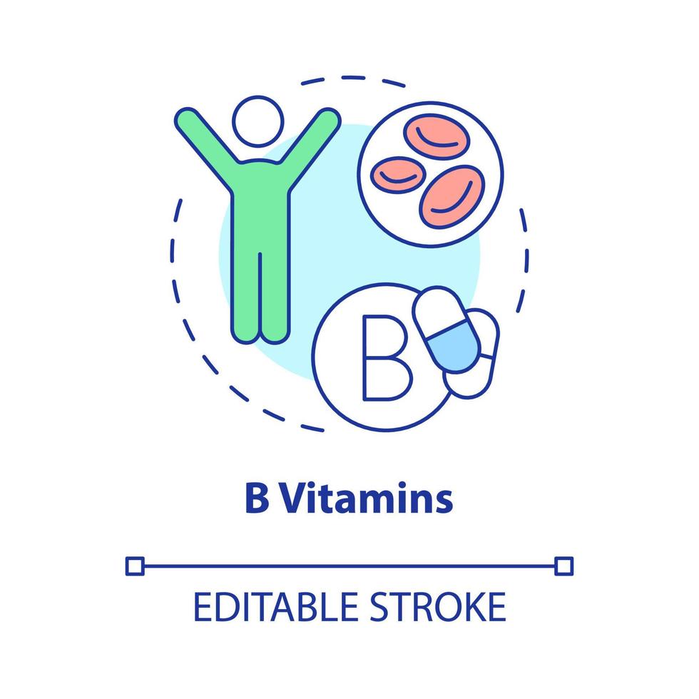 B vitamins concept icon. Supplements for healthcare and fitness abstract idea thin line illustration. Isolated outline drawing. Editable stroke. Roboto-Medium, Myriad Pro-Bold fonts used vector