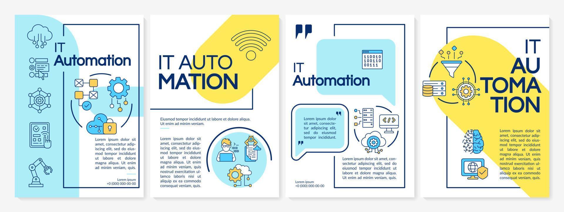 IT automation yellow, blue brochure template. Computer program. Booklet print design with linear icons. Vector layouts for presentation, annual reports, ads. Arial Black, Myriad Pro Regular fonts used