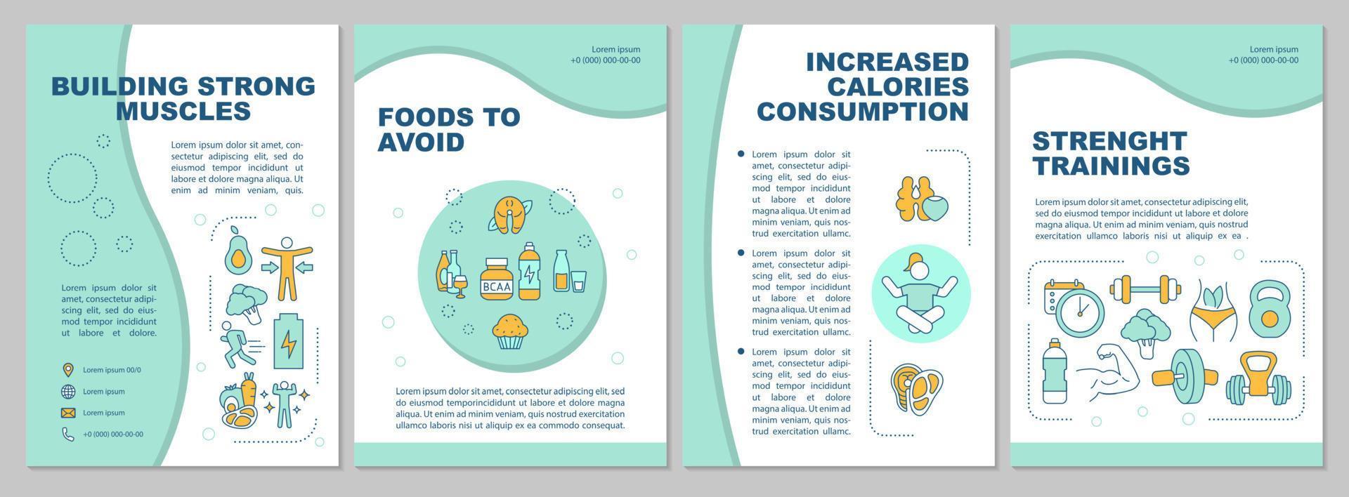 Building strong muscles tips mint brochure template. Booklet print design with linear icons. Vector layouts for presentation, annual reports, ads. Arial, Myriad Pro-Regular fonts used