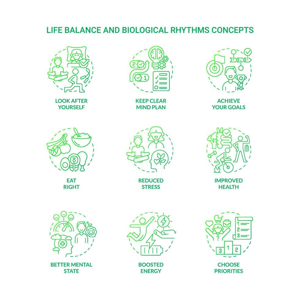 Life balance and biological rhythms green gradient concept icons set. Healthy life idea thin line color illustrations. Isolated outline drawings. Roboto-Medium, Myriad Pro-Bold fonts used vector