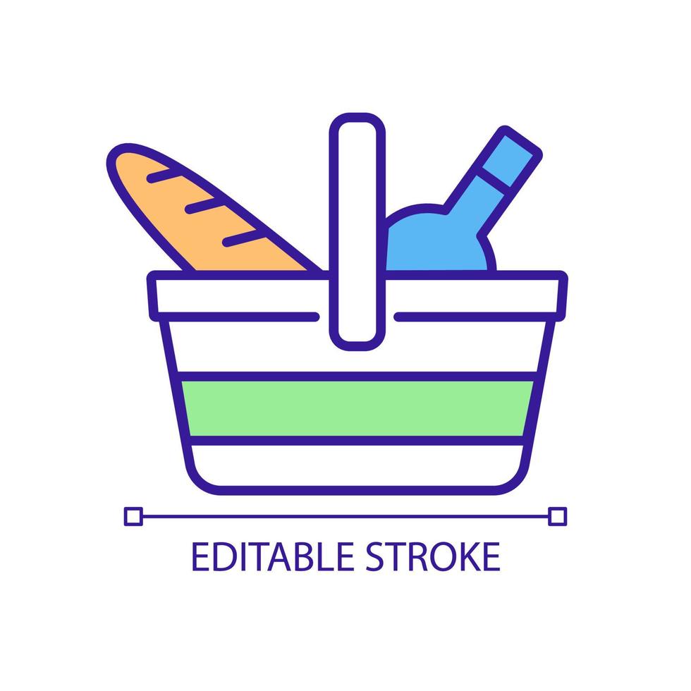 Basket of goods RGB color icon. Choosing products in supermarket. Grocery store visit. Purchasing baked goods and beverages. Isolated vector illustration. Simple filled line drawing. Editable stroke