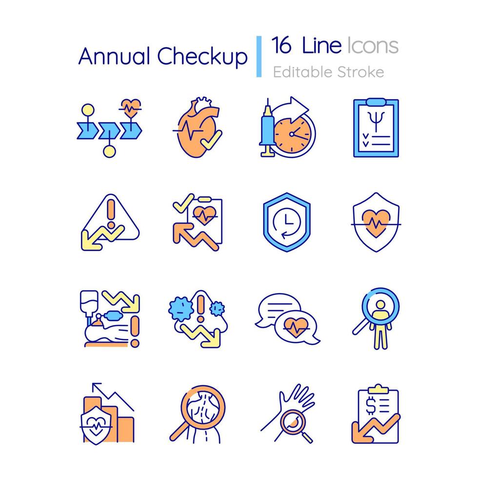Annual checkup RGB color icons set. Physical examination. Medical testing and screening. Prevent illness. Isolated vector illustrations. Simple filled line drawings collection. Editable stroke