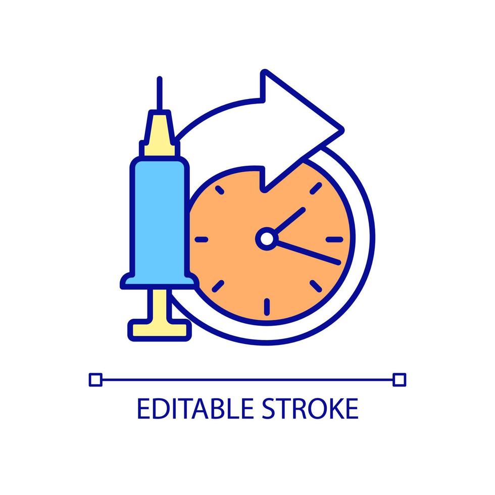 icono de color rgb de vacunación regular. prevención de enfermedades. inmunización. inyección sistemática de medicamentos. cuidado de la salud. ilustración vectorial aislada. dibujo de línea rellena simple. trazo editable vector