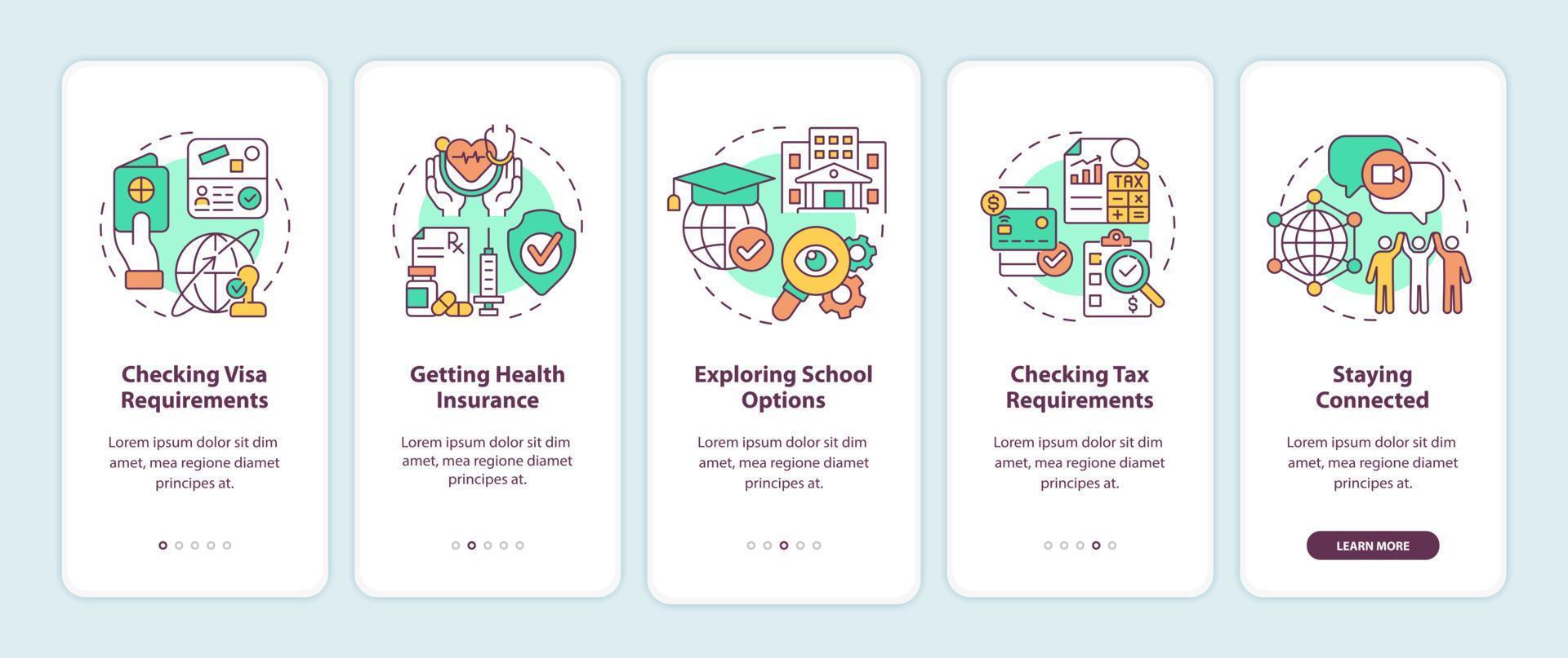 Things to consider when moving onboarding mobile app page screen. Moving abroad walkthrough 5 steps graphic instructions with concepts. UI, UX, GUI vector template with linear color illustrations