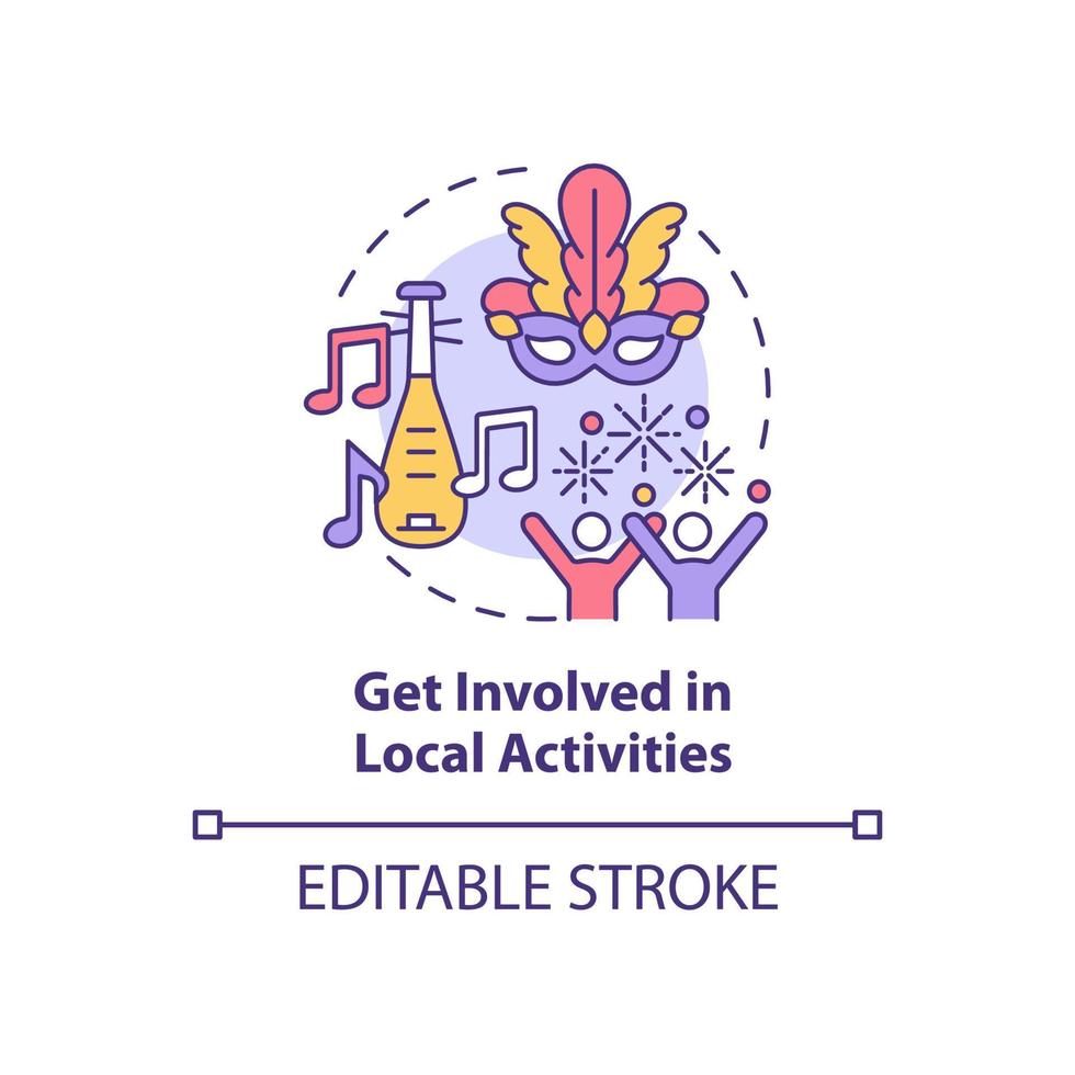 Get involved in local activities concept icon. Adjusting to living abroad abstract idea thin line illustration. Engaging in cultural events. Vector isolated outline color drawing. Editable stroke