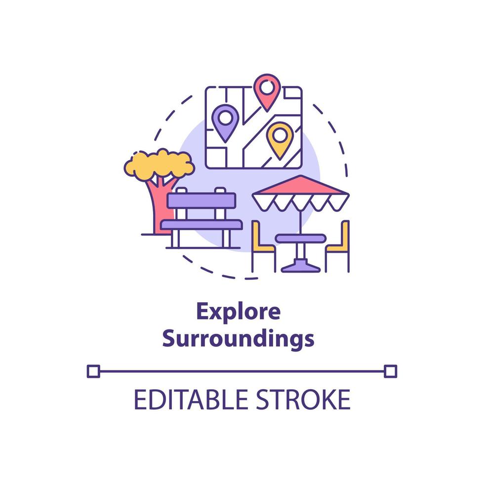 Explore surroundings concept icon. Adjusting to living abroad abstract idea thin line illustration. Sightseeing and walking. Local culture. Vector isolated outline color drawing. Editable stroke