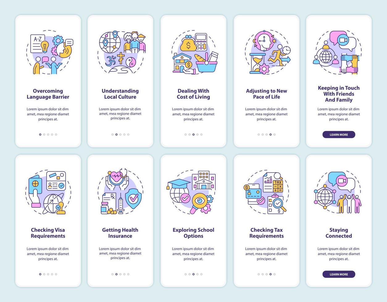 Expats onboarding mobile app page screen set. Struggles and adjusting walkthrough 5 steps graphic instructions with concepts. UI, UX, GUI vector template with linear color illustrations