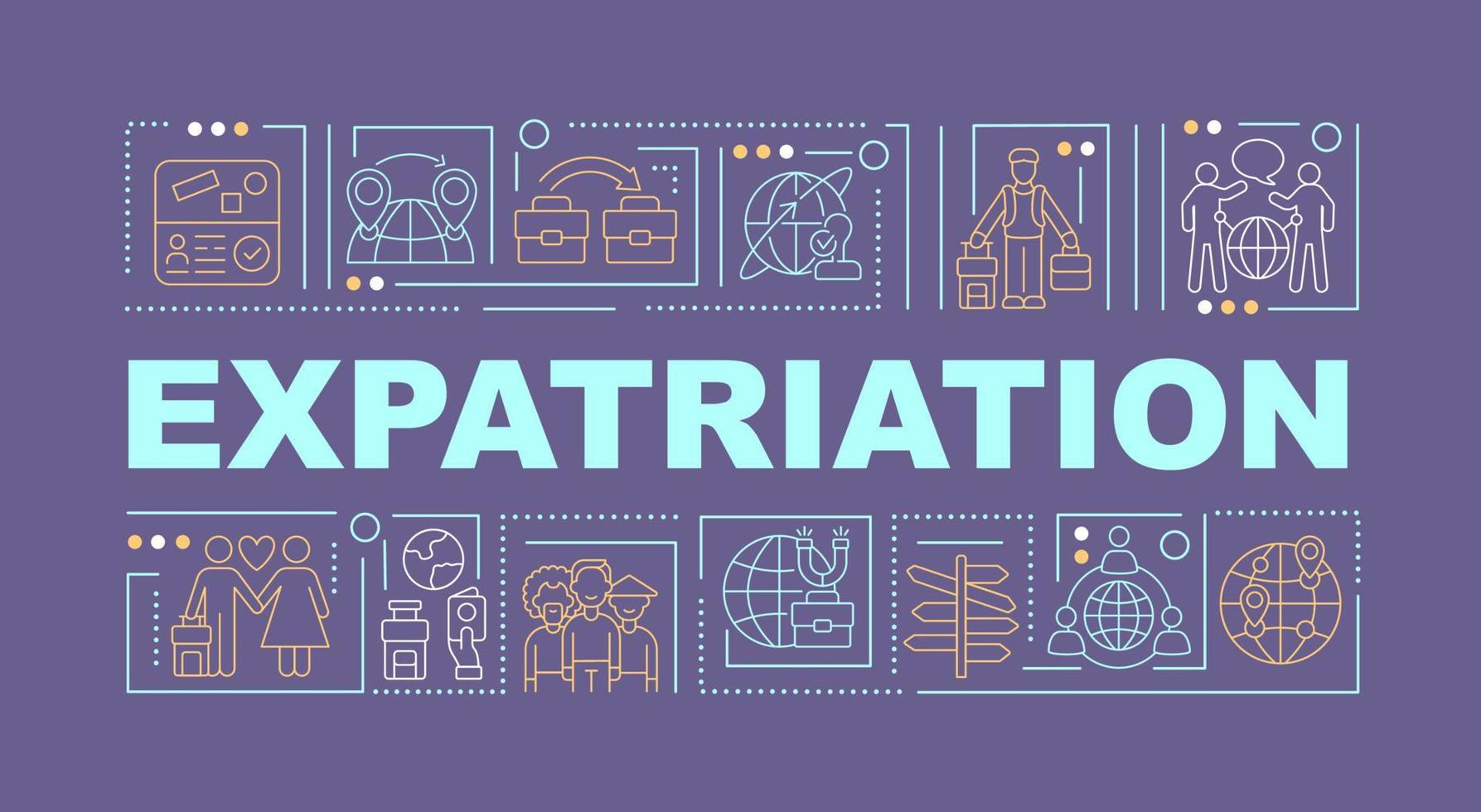 Expats word concepts banner. Moving abroad for work and living. Infographics with linear icons on blue background. Isolated creative typography. Vector outline color illustration with text